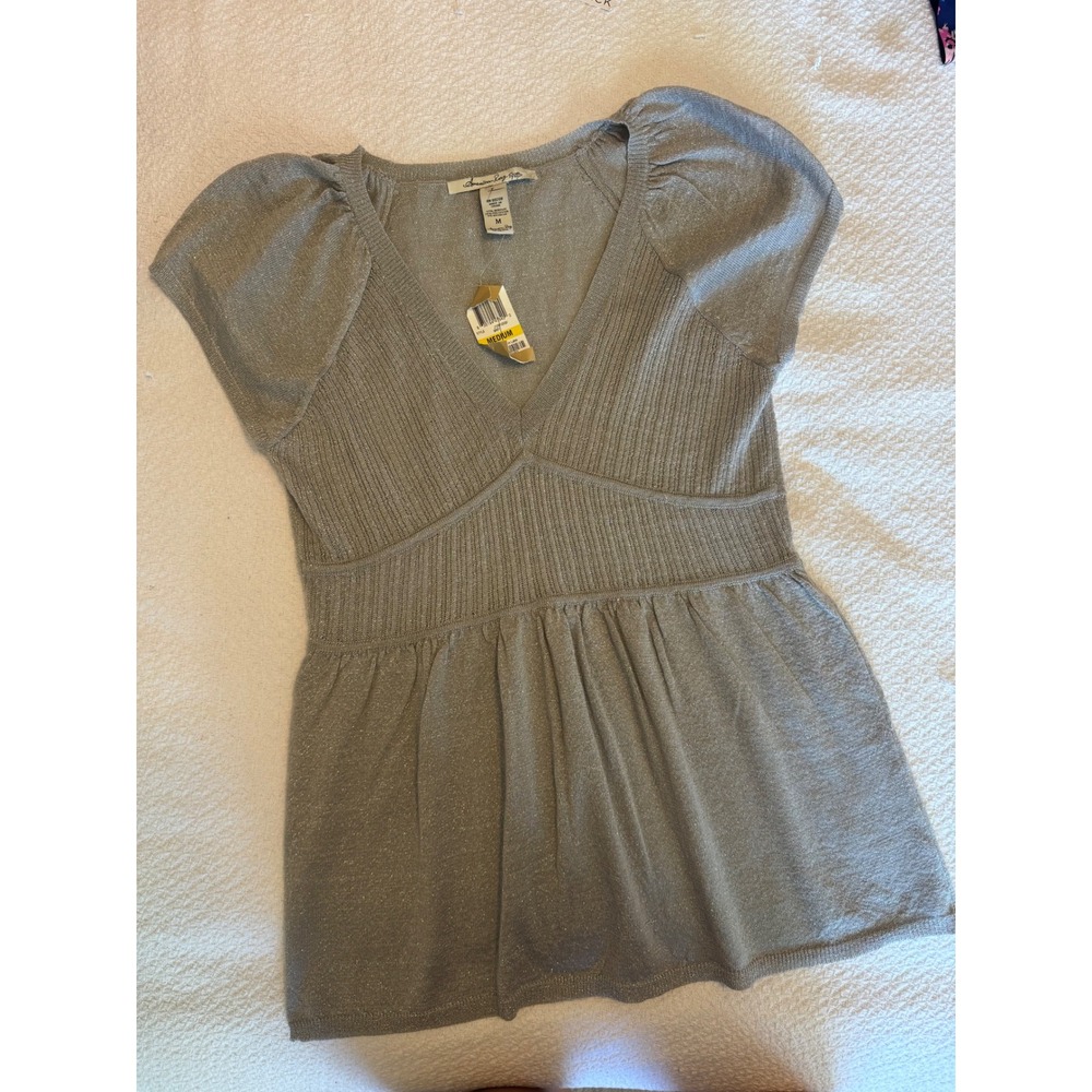 American Rag Cie Grey Metallic Knit V-Neck Empire Waist Puff Sleeve Top Medium